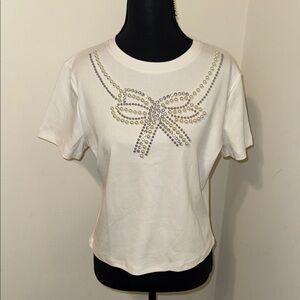 Chic Cream Embellished Women's Tee